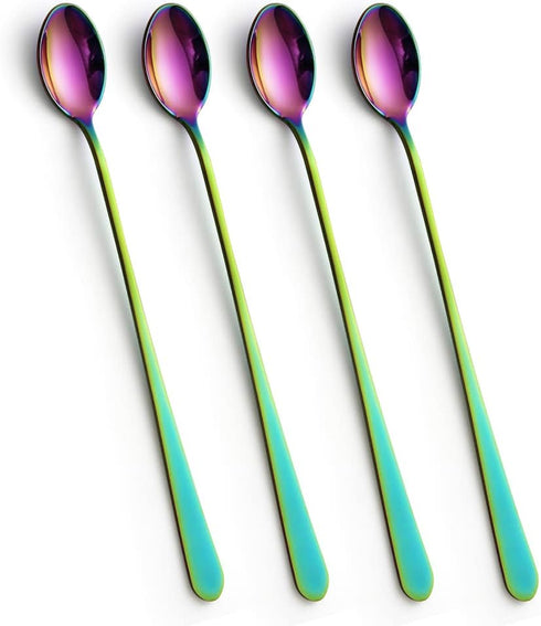 IQCWOOD 9-Inch Long Handle Iced Tea Spoons, Rainbow Stainless Steel Coffee Stirrers, Set of 4 for Shakes, Ice Cream