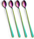 IQCWOOD 9-Inch Long Handle Iced Tea Spoons, Rainbow Stainless Steel Coffee Stirrers, Set of 4 for Shakes, Ice Cream