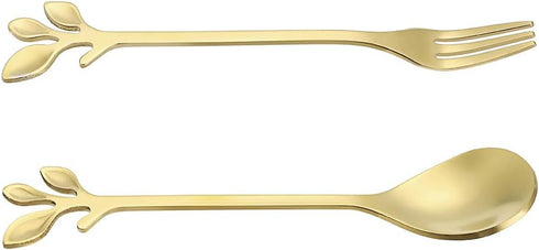 AnSaw Gold Swan Base Holder Set with 10 Pcs Mini Leaf Teaspoons & Dessert Forks - Perfect for Appetizers, Salads