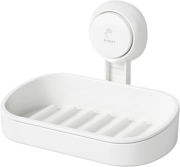 LEVERLOC Soap Dish Holder for Shower | Suction Cup Wall Mounted Self Draining Bar Soap Sponge Holder