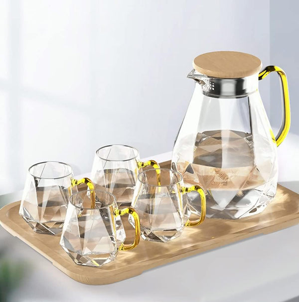 DUJUST Glass Pitcher Set (68 oz) with 4 Cups & 1 Tray,