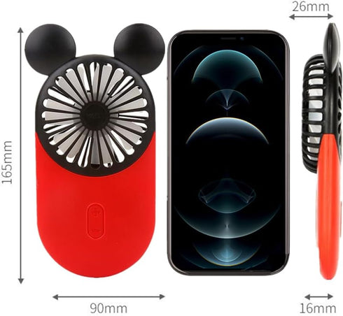 Cute Mouse Personal Mini Fan, Handheld USB Rechargeable Fan with LED Light, 3 Adjustable Speeds, Red
