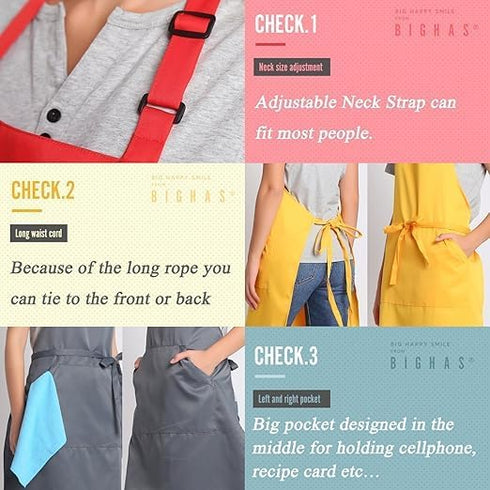 BIGHAS Adjustable Bib Apron - Long Ties for Women Men, 18 Colors Chef Kitchen Cooking