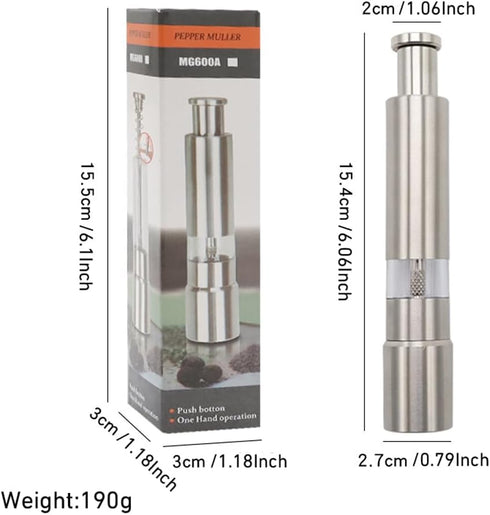 Premium Stainless Steel Salt Grinder Pepper Mill for Peppercorns Sea Salt and Spices, Thumb Push Button for 1 Hand Operation for Grinding Salt and Black Pepper (1 MILL)