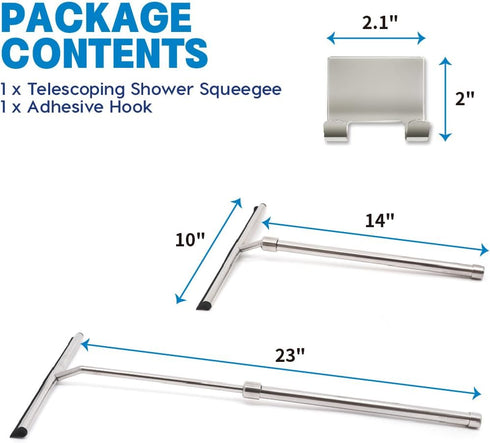 Shower Squeegee with Long Handle and Adhesive Hook for Glass Doors, Tile Walls, Mirrors, and Windows