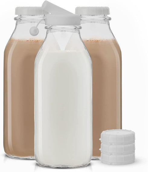 JoyJolt Glass Milk Bottles with Lids and Pourer 32 Oz, 3 Pack