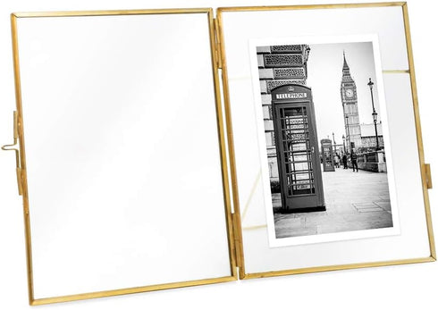 Isaac Jacobs 6x8 Antique Gold Floating Picture Frame, Vintage Style Brass and Glass, Tabletop Display with Locket