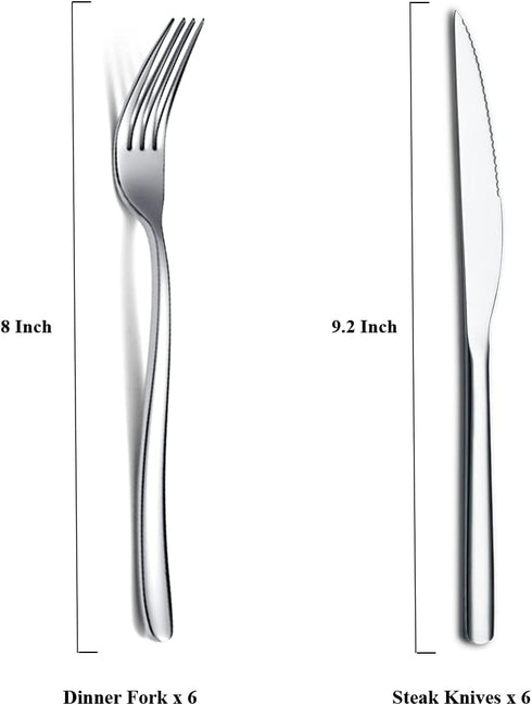 Steak Knives Set 12 Piece, Premium Stainless Steel 6 Dinner Forks and 6 Dinner Knives Set, Steak Knives Steak Forks for 6 Person, Mirror Polish, Dishwasher Safe (Shiny Silver) by HOMQUEN