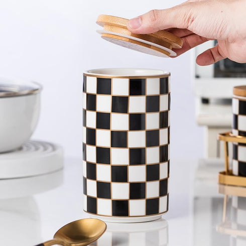 Countertop Set, 3Pcs Countertop Kitchen Ceramic Checkered Canisters Grid Pattern Kitchen Jars with Layered Shelves