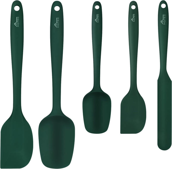 HOTEC High Heat Resistant Silicone Rubber Spatula Set, Non Stick Dishwasher Safe, Dark Green, Set of 5