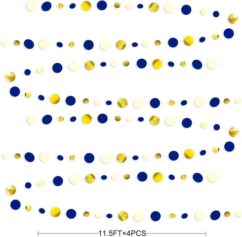 46 Ft Navy Blue and Gold Circle Dots Garland, Royal Blue Hanging Paper Polka Dot Streamer for Party Decorations
