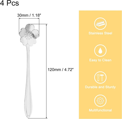 uxcell 4Pcs Stainless Steel Flower Spoons 5 Inch Cherry Blossom Shape Coffee Spoon Small Teaspoon Dessert Spoon for Espresso Sugar Cake, Silver