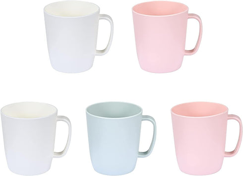 Set of 5 Coffee Mugs - 10 Ounce Unbreakable Plastic Cups with Handle, 3 Basic Colors, Dishwasher Safe