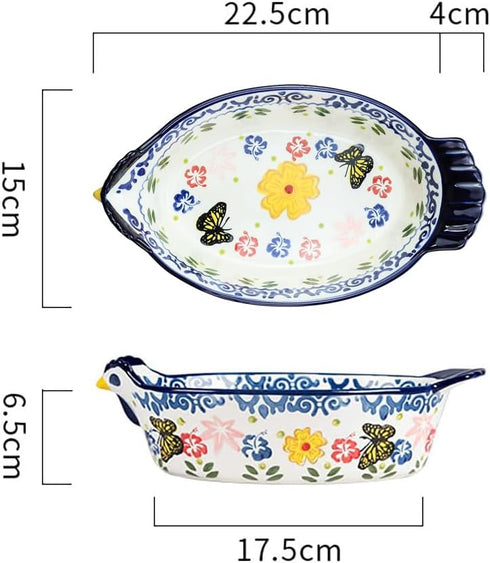 Vintage Butterfly and Flower Pattern Pie Pan, Chicken Shape Ceramic Bakeware Casserole Dish Baking Pan Bakers Lasagna Pans Soup Bowl Baking Dish for Oven to Table-Blue-25 OZ by Bicuzat