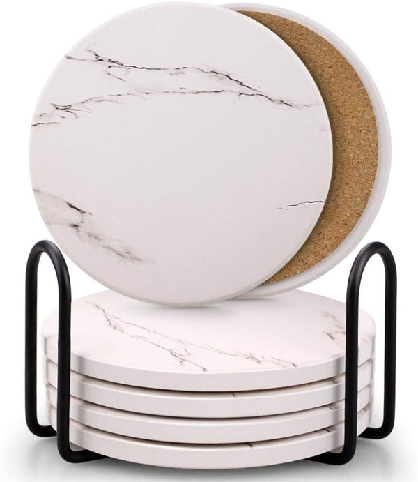 Coasters for Drinks, Absorbent Ceramic Stone Coasters Set with Metal Holder, Cork Base, Set of 6 - White