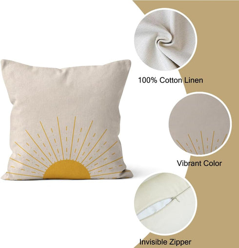 Boho Pillow Covers 16x16 Inch - Mid Century Sunrise Abstract Arch Linen Pillow Cases for Sofa, Set of 4 (No Inserts)
