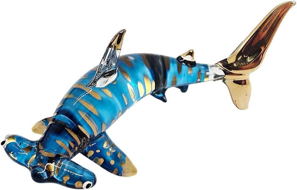 Tiny 3?" Gold Dotted Blue Hammerhead Shark Figurine, Miniature Hand Blown Glass Collectible
