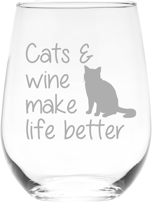 Cats and Wine Make Life Better Stemless Wine Glass - 17 oz - Funny Gift for Cat Lovers