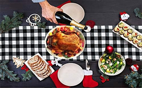 Senneny Christmas Table Runner 14 x 72 Inch, Burlap & Cotton Black White Plaid Reversible Buffalo Check for Holiday
