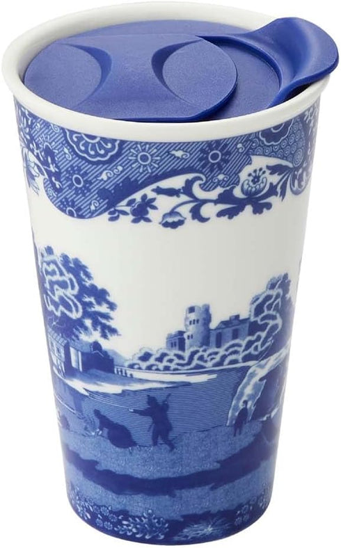 Spode Blue Italian 8oz Porcelain Travel Mug with Lid – Scenic Patterned Drinkware with Decorative Border, Portable