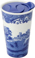 Spode Blue Italian 8oz Porcelain Travel Mug with Lid – Scenic Patterned Drinkware with Decorative Border, Portable