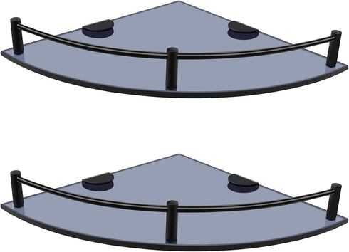 Glass Bathroom Shelves - Set of 2 Corner Shelves with Rail, Floating