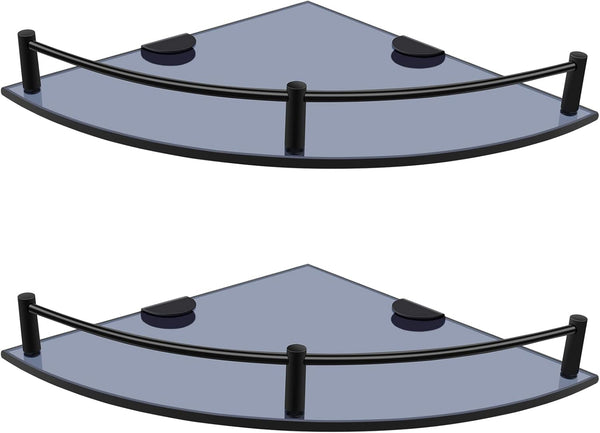 Glass Bathroom Shelves - Set of 2 Corner Shelves with Rail, Floating