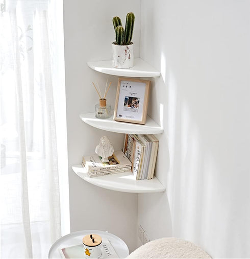 7inch Set 2 White Corner Shelf, Wall Mount Natural Oak Wood Floating Corner Wall Shelf Round End Small Corner