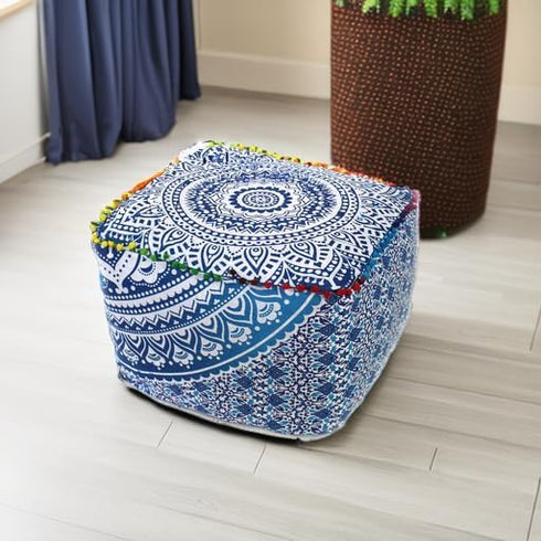 18X18X14 inches, CRAFT KALA Indian Square Patchwork Traditional Pouf Cover Indian Living Room Poufs Cover Decorative