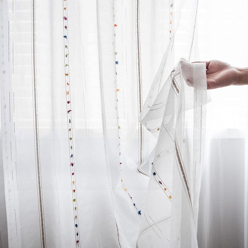 pureaqu Faux Linen Stripe Pom Pom Sheer Curtain, Embroidered Colorful Rainbow Semi Sheer Voile Window Curtain for