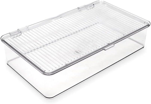 Isaac Jacobs Small Stackable Organizer Bin, Clear Storage Box with Hinged Lid, 10.75” x 6.5” x 2.4”, Home Office