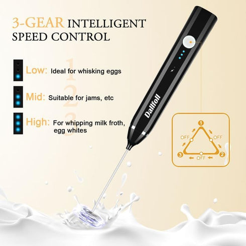 Dallfoll Milk Frother Handheld, USB Rechargeable Electric Foam Wand Maker for Coffee, 3 Speeds Mini Milk Foamer Drink