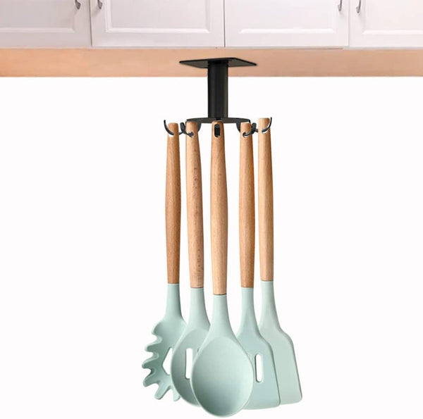 Aosome 360° Rotating Under Cabinet Utensil Holder Hanger - Stainless Steel with 8 Hooks for Kitchen