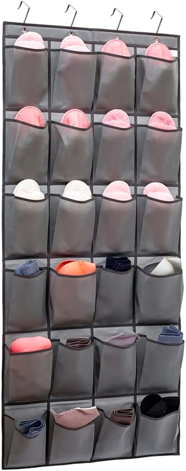 Over The Door Hanging Shoe Organizer, 24 Large Fabric Pockets Holder with 4 Sturdy Hooks (GREY)