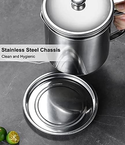 Bacon Grease Container with Strainer, 1.25 L Food-grade Stainless Steel Keeper with Lid and Easy-Grip Handle