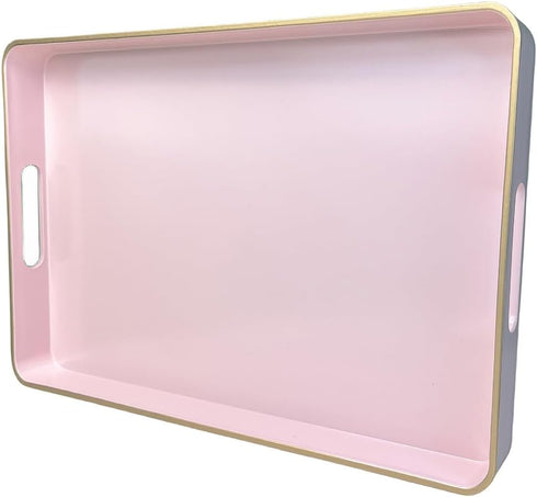 Pink Coffee Table Tray, Decorative Serving Tray with Handles, Plastic Rectangular Tray