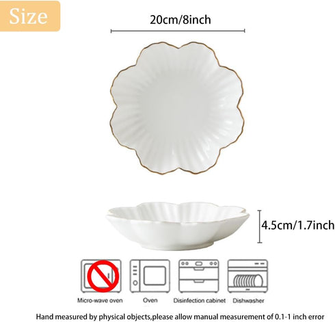 Porcelain Serving Dish,Ceramics Flower Relish Tray with Metallic Rim,Serving Bowls for Wedding,Party Perfect for Small Cereal, Pasta, Salad, Candy and Snacks White 6.6 inch (8 inch) by HOKMOKQOK
