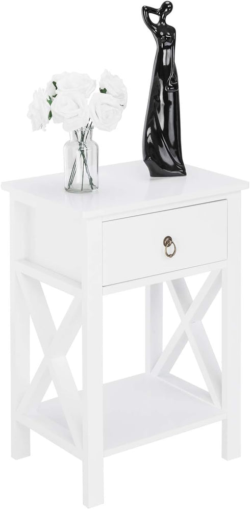 Bonnlo White Nightstand, Small Nightstand with Drawer & Shelf, Farmhouse Night Stand Bedroom, End Table/Bedside