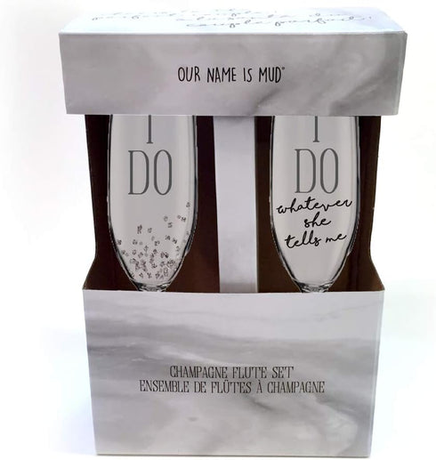 Enesco Our Name is Mud I Do Glittered Wine Glasses - Wedding Champagne Flute, 2 Piece Set, Clear