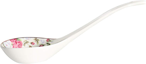 Big Porcelain Spoon, Bone China Large Porridge Spoon, White Ceramic Flatware Soup Spoon with Flower Pattern