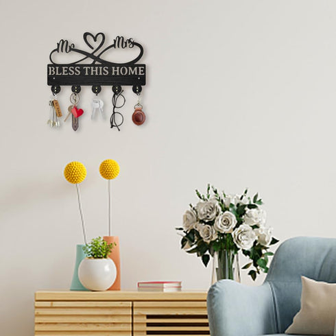 Mr Mrs Coat Rack Wall Mount, 11.8×7.3inch Wood Family Key Holder with 5 Alloy Hooks for Home Decor