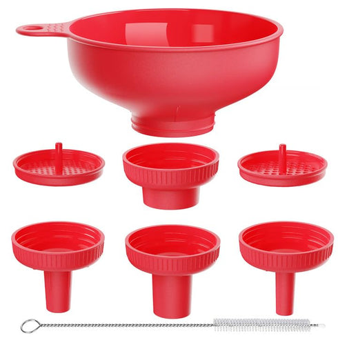 Wide Mouth Funnel Set for Kitchen Use, Food Grade Plastic Canning Funnels with 4 Size Spouts & 2 Strainers, Red