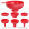 Wide Mouth Funnel Set for Kitchen Use, Food Grade Plastic Canning Funnels with 4 Size Spouts & 2 Strainers, Red