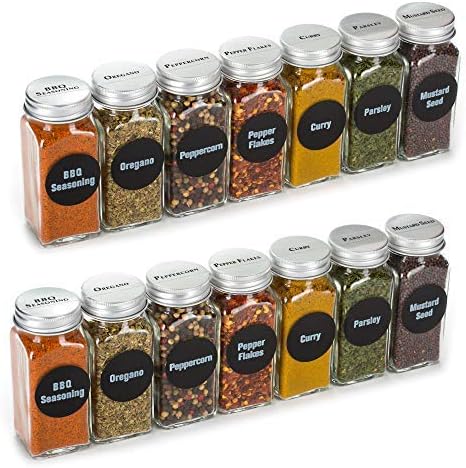 BEST VALUE 14 Large Glass Spice Jars, 6oz, Includes 126 Chalkboard Labels & 113 PVC Clear Labels