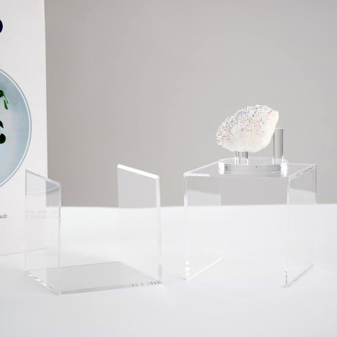 3 Pegs Round Display Easel Stands with Transparent Acrylic Box, Medium Size for Collectible Stone, Rock, Mineral
