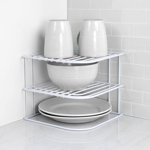 3-Tier Counter Home Basics Kitchen Corner Shelf and Cabinet Organizer Heavy Duty Wire Shelf in White