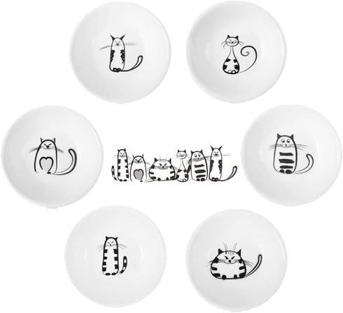 BigNoseDeer Super Cute Cat Ceramic Sauce Dish, Mini Side Seasoning Dish, Set of 6