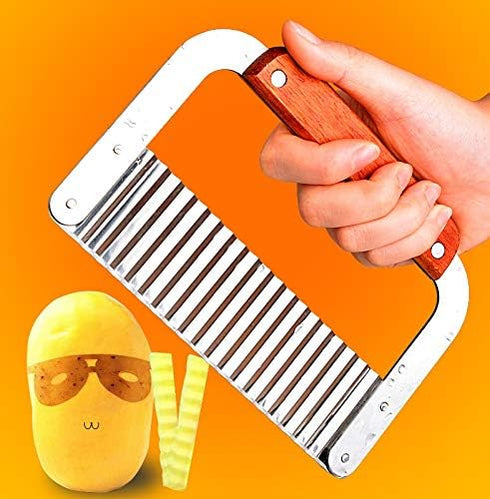 Super Leader Crinkle Cutting Tool for French Fry Slicing, Stainless Steel Blade, Wooden Handle, Vegetable Chopper (1)