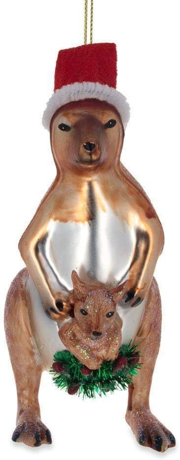 Santa Kangaroo Mom Carrying Baby in Pouch Blown Glass Ornament, Christmas Decoration
