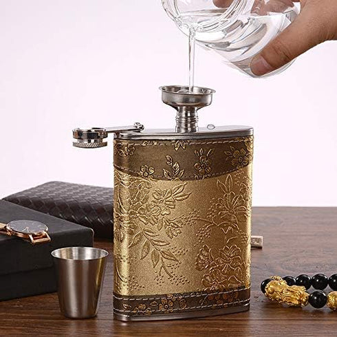 Golden Pattern 8 Oz Gift, 100% Stainless Steel Flask (304/18-8 SS), Bonus 2 Shot Glass + 1 Funnel + 1 Giftbox